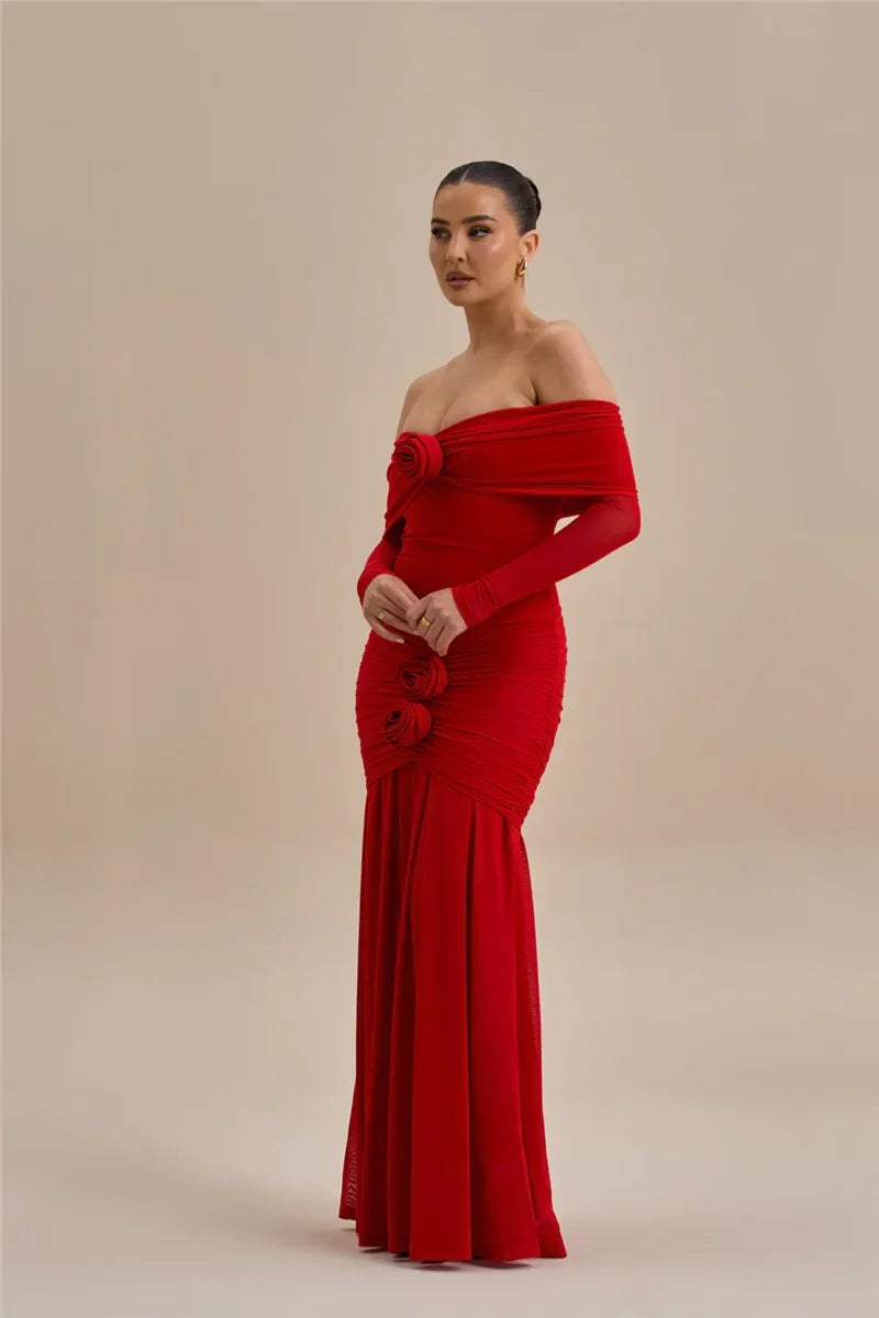 Off Shoulder Mesh Sleeve Ruched Rosette Applique Mermaid Maxi Dress