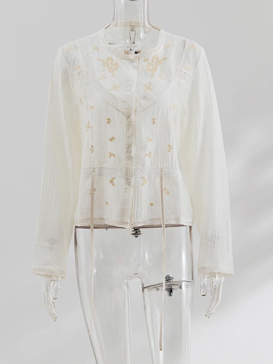 Solid Hollow Out Embroidery Blouse Women Spring Lace Trim O Neck Drawstring Blouses Elegant Casual Fashion Long Sleeve Shirt Top