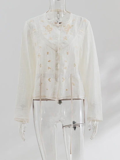 Solid Hollow Out Embroidery Blouse Women Spring Lace Trim O Neck Drawstring Blouses Elegant Casual Fashion Long Sleeve Shirt Top