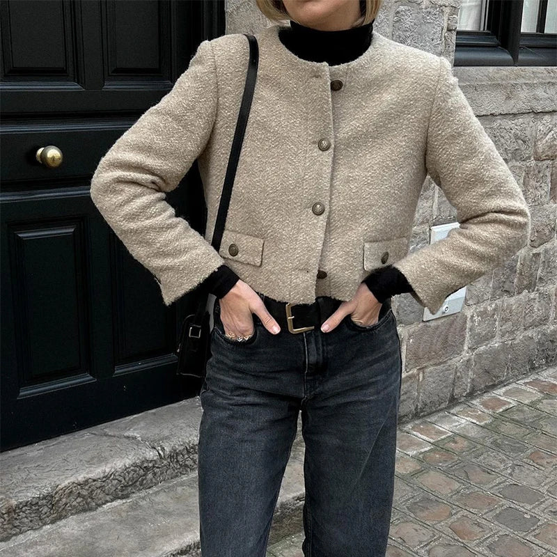 Retro Single-Breasted Short Tweed Coats Women Elegant Slim Fit Solid O-neck Pockets Jackets Autumn Casual Chic Street Outwear