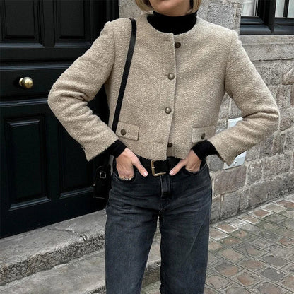 Retro Single-Breasted Short Tweed Coats Women Elegant Slim Fit Solid O-neck Pockets Jackets Autumn Casual Chic Street Outwear