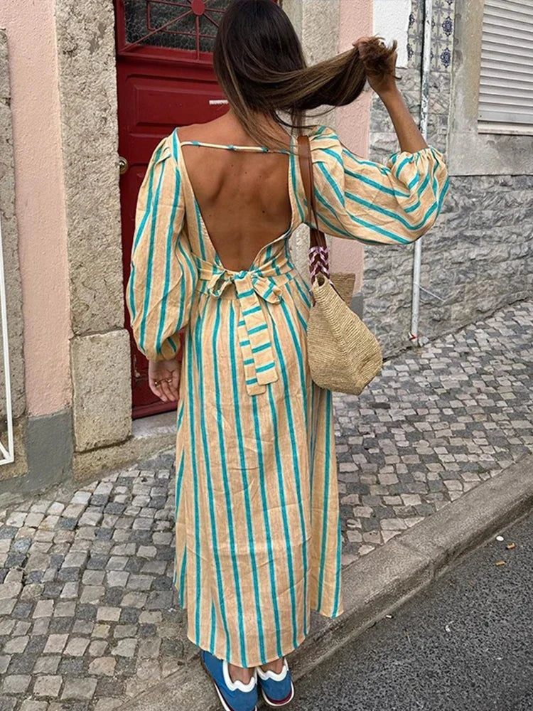 Casual Stripes Long Dresses Women Loose Backless Lace Up Long Lantern Sleeve Dress Female Summer Fashion Streetwear Lady