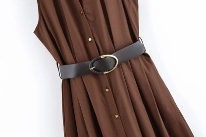 Casual Fashion Women's Dress Solid Color Round Neck Sleeveless Single Breasted Drape Belt Dress New Commuter Pleated Dress