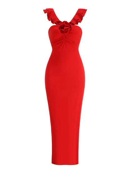 Strapless Cascading Ruffle Flower Rosette Column Maxi Dress