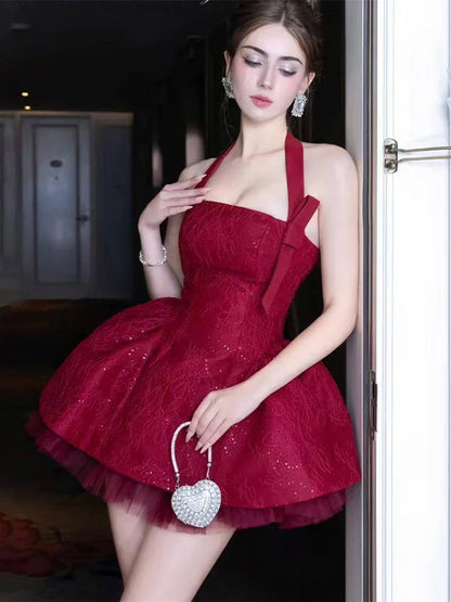 Puss Jacquard Dress +Mesh Puffy Skirt Women Sexy Noble Bow Sequin Sleeveless Halter Backless Stretch Birthday Party Suits