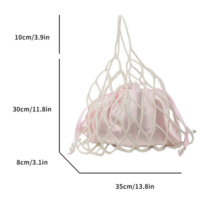 Fashion Hollow Out Beach Bag For Women Designer Handmade Woven Handbag Vintage Pearl Beading Bag 2 Set Mesh Tote Large Capacity