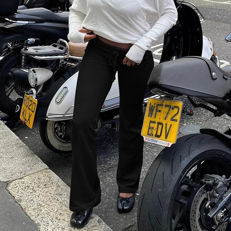 Drawstring Solid Women Slacks Turndown Waist Straight Casual Pants Concise Knitted Sweatpants All-matched Trousers Home