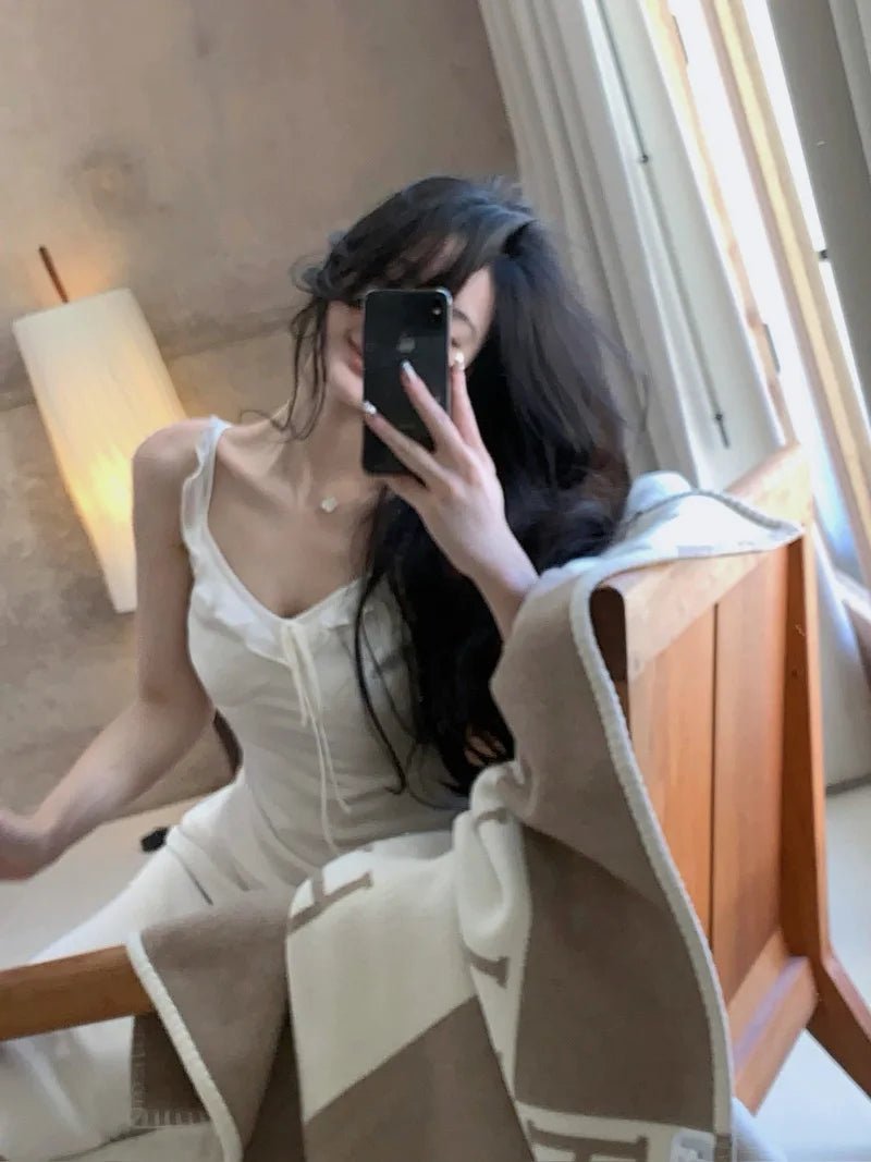 White Satin Spaghetti Strap Long Dresses for Women Summer New Elegant Party Sweet Sleeveless Female Clothing Holiday Casual