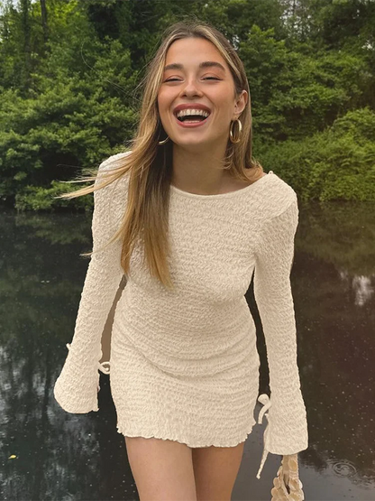 Seersucker Backless Mini Dress Flare Long Sleeve Lace-up Tight Short Dresses 2024 Summer Fashion Simple One-piece Skirt