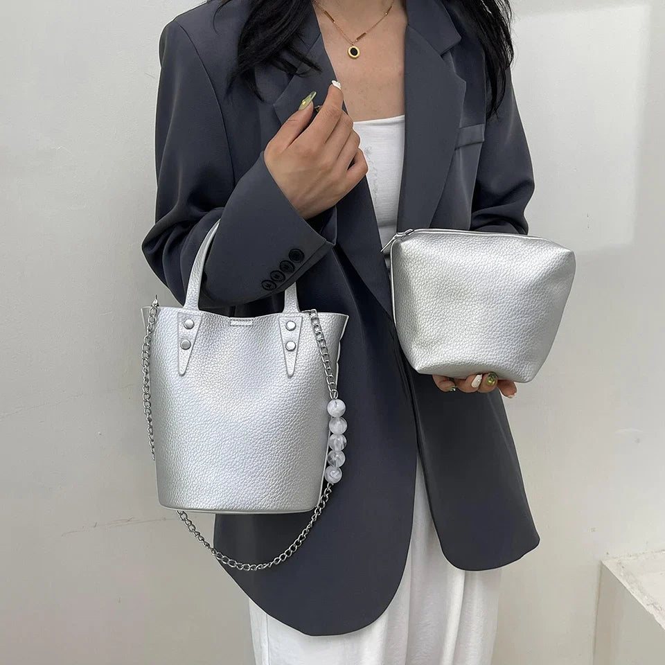 2 Sets Bucket Tote Bags PU Leather Shoulder Crossbody Bags For Women Fashion Large Travel Bag Designer Luxury Lady Underarm Bag