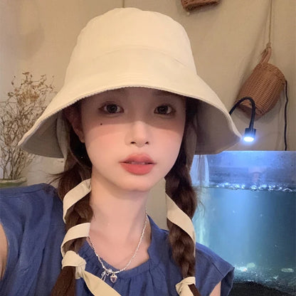 Korean Retro Red Strap Bucket Hats Summer Travel Versatile Sunscreen Show Face Small Sweet Beautiful Women's Caps