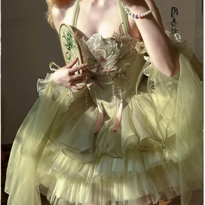Green ballet style embroidery national light luxury sweet dress