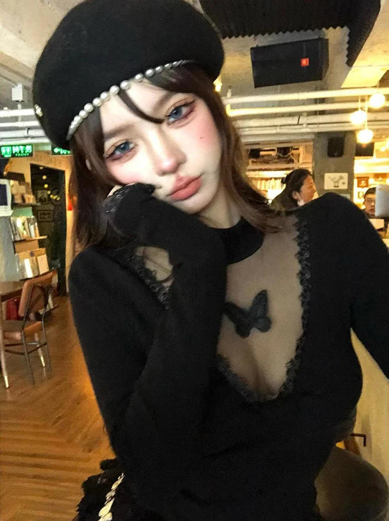 Y2K Cropped Black Sweater Women Harajuku Embroidery White Knitted Pullovers Gyaru Grunge Mesh Lace Knitwears Winter Chic Jumpers