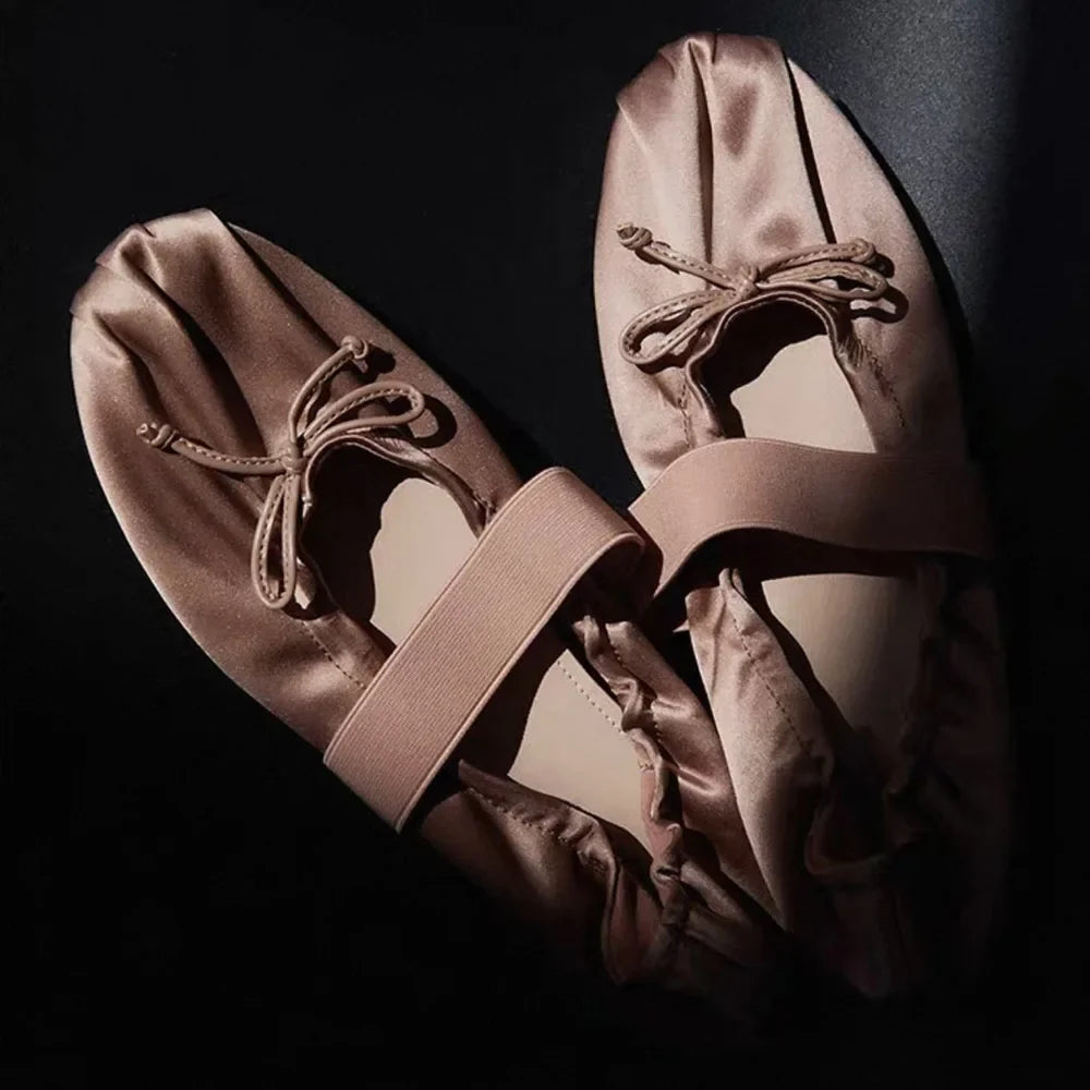 Women's Satin Ballet Flats Elegant Bow Mary Jane Shoes Elastic Strap Soft Sole Round Toe Daily Commute Ladies Flat Dress Shoes