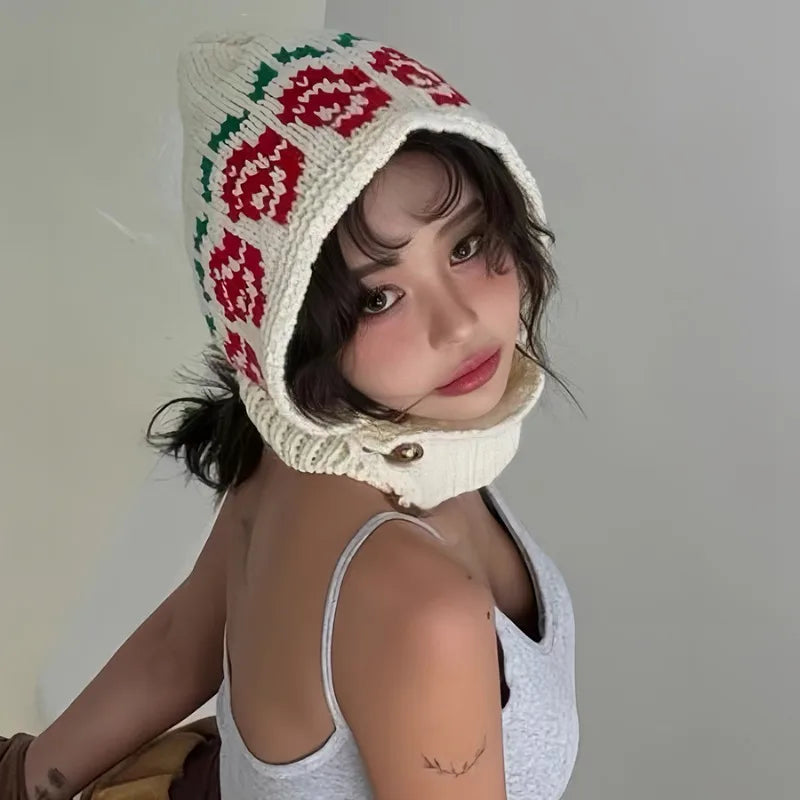 Korean Retro Balaclava Hat Winter Rose Jacquard Knitted Thermal Cover Neck Protection Integrated Ski Beanie Cap for Women's