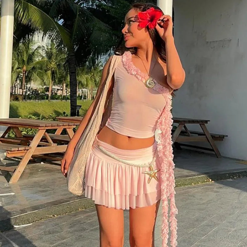 Summer Elegant Mesh Solid 2 Piece Set Women Sexy One Shoulder Lace Tassel Crop Tops Ruched Layered Mini Skirt Streetwear