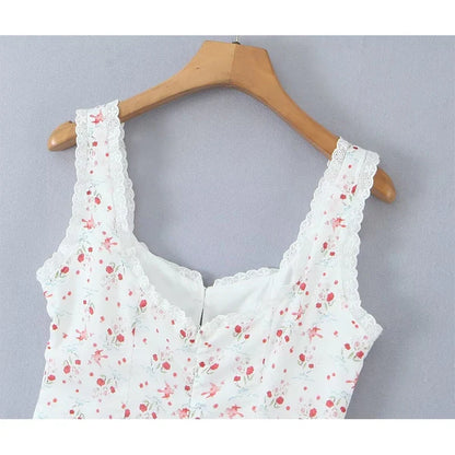 Sweet Girl French Style Floral Print Sleeveless Dress Women Lace Spliced A-line Summer Mini Dress Holiday Robe Vestidos