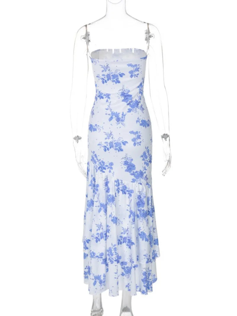 Blue Floral Print Strapless Summer Dresses for Women Sleeveless High Waist Backless Ruffles Irregular Split Evening Party Dress