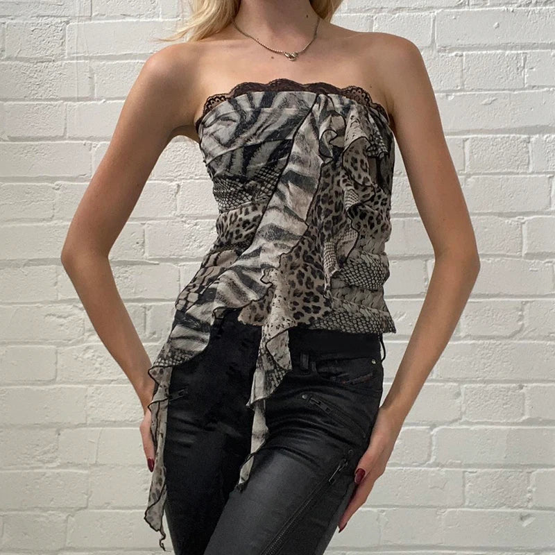 Leopard Ruffles Patchwork Strapless