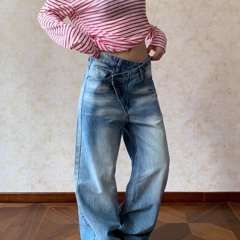 Blue Vintage Women Jeans Washed Irregular Harajuku Wide Leg American Style Baggy Straight Denim Trousers Basic Casual