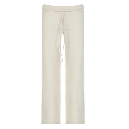 Drawstring Solid Women Slacks Turndown Waist Straight Casual Pants Concise Knitted Sweatpants All-matched Trousers Home