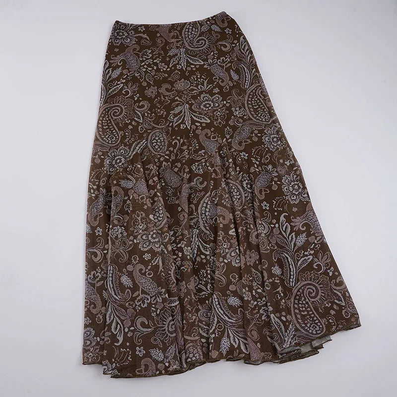 Women's Vintage Brown Floral Print Maxi Skirt New Spring Summer Retro Style A Line Long Skirt Casual Boho Outfit No Belt