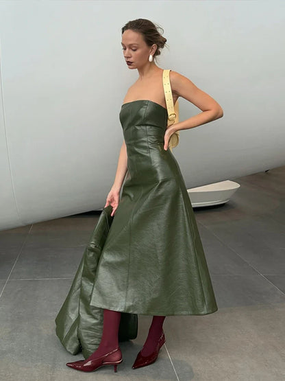 PU Leather Tube Dresses Suit Coat Women's Set Vintage Solid Slim Fit Long Dress Lapel Jackets Sets Female Chic Street Outfits