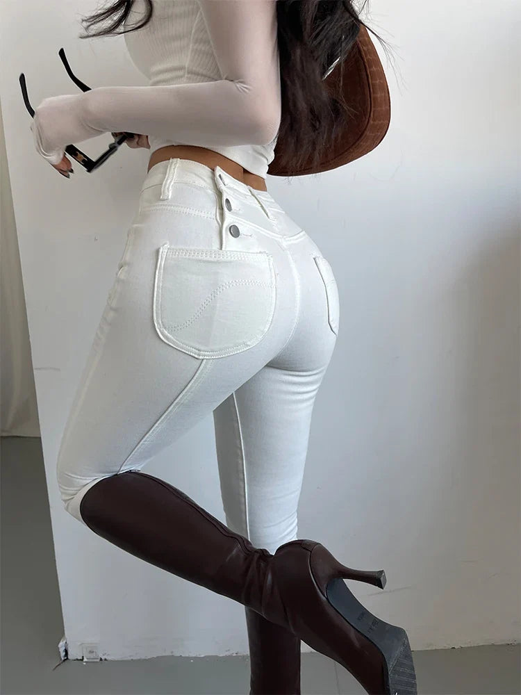 White High Waist Elastic Casual Jeans For Women's Autumn Winter New Design Pencil Pants Elegant Women Korean N4GS