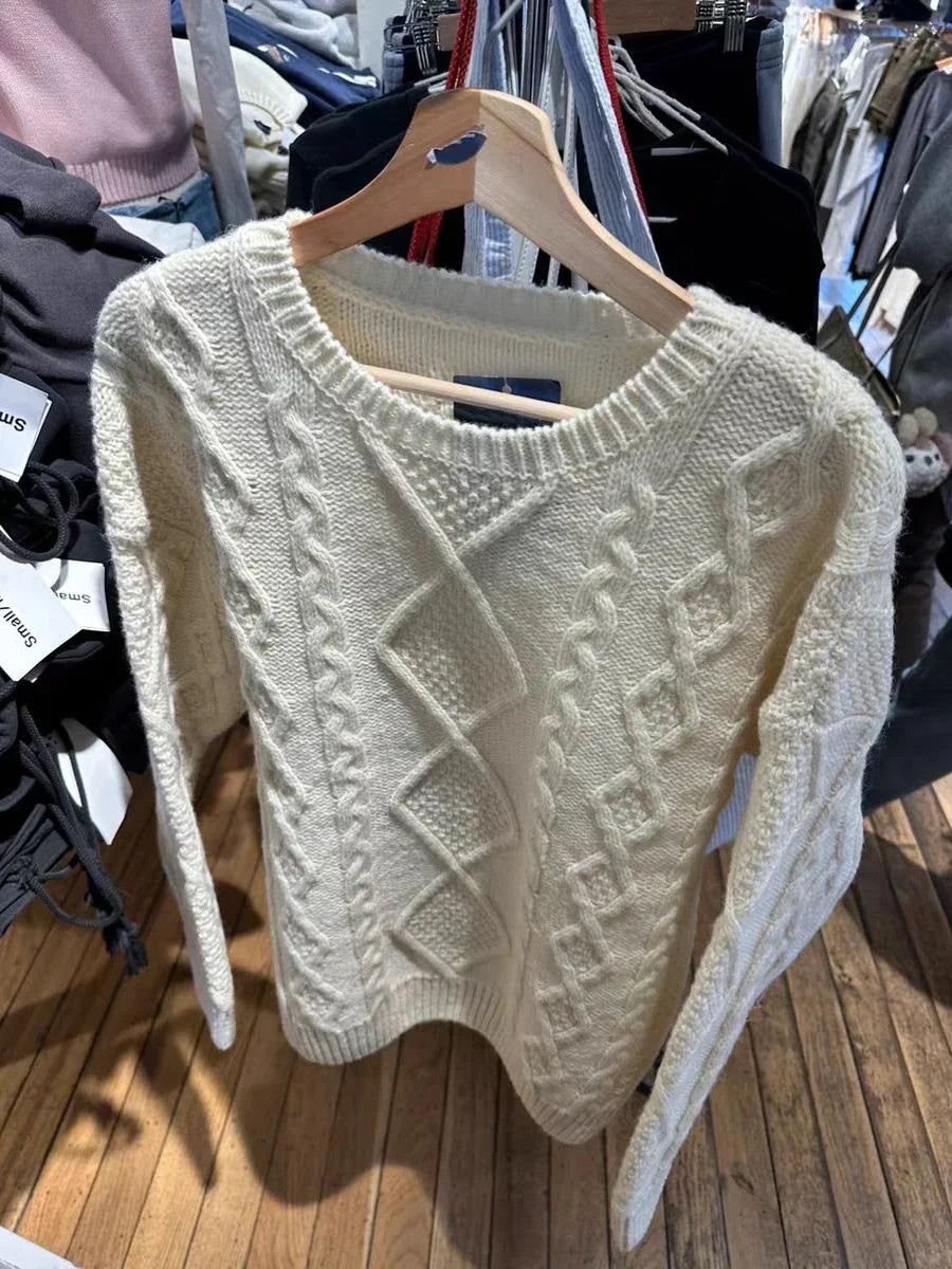 Twisted Flower Beige Thick Sweater Women Autumn O-Neck Loose Knitted Jumpers Sweet Preppy Style Solid Sweet Pullover Sweaters