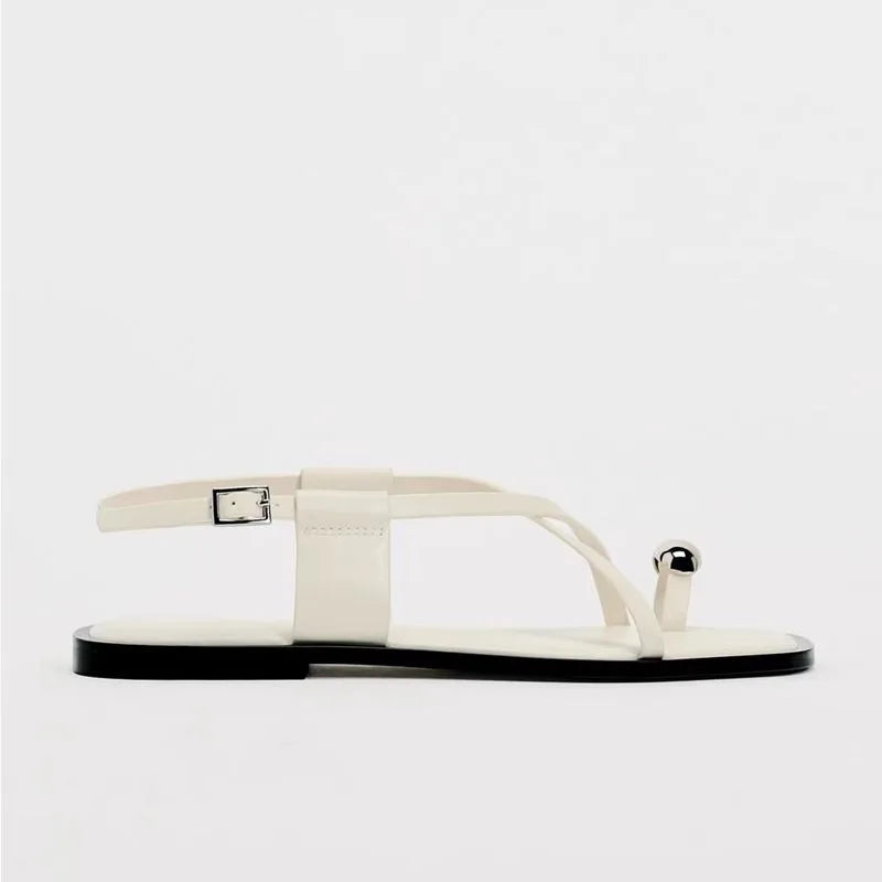 White Women Sandals Designer Cross Straps Flat Shoes Woman Summer Beach Sandalias Mujer Holiday Flip Flops Metal Decor Flats