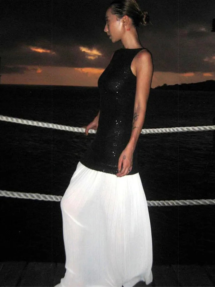 Sequin Bodice Pleated Contrast Skirt Sleeveless Maxi Dress