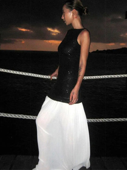 Sequin Bodice Pleated Contrast Skirt Sleeveless Maxi Dress