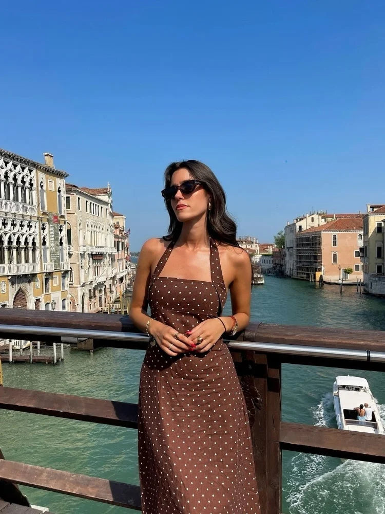 summer new women's fashion elegant temperament backless halter neck polka dot slim long skirt