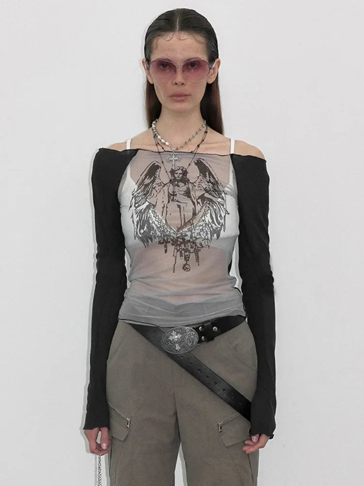 Knitted Mesh Character Print Sheer Top
