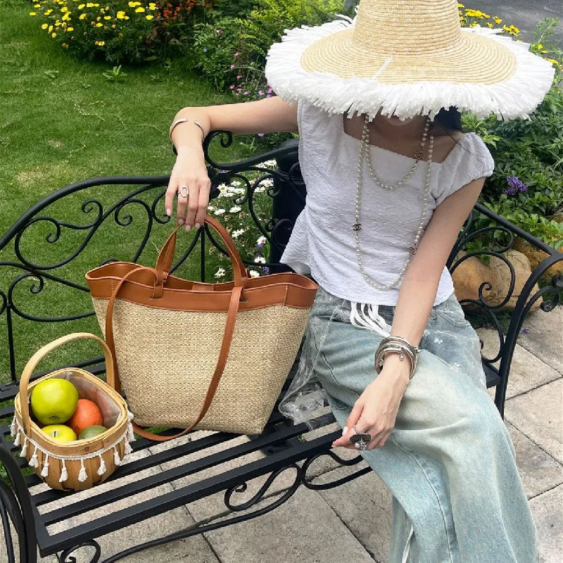Summer Large Capacity Tote Bag Women Shoulder Bag Handmade Woven Bag Fresh Rural Handheld Grass Woven Women Bag