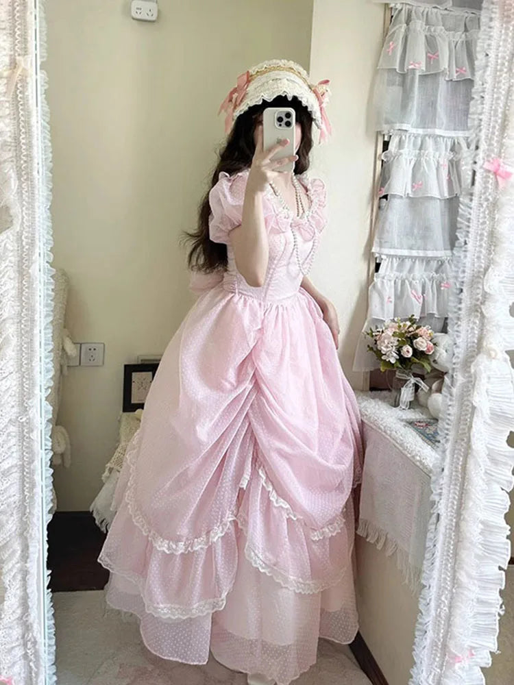 Gentle Pink Puff Sleeve Op Dress Floral Wedding Lolita Waist Slimming Bow Tail