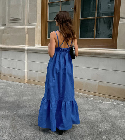 V-Neck Backless Patchwork Long Dress Women Casual High Waist Bandage Sleeveless Solid Spring 2025 New Ladies Maxi Dress
