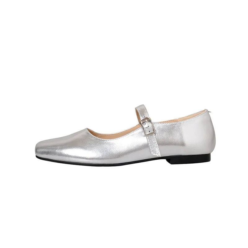 Casual Women Flats Spring Summer Office Ladies Silver Metal Color Mary Janes Shoes Woman Retro Style Concise Comfortable Flats