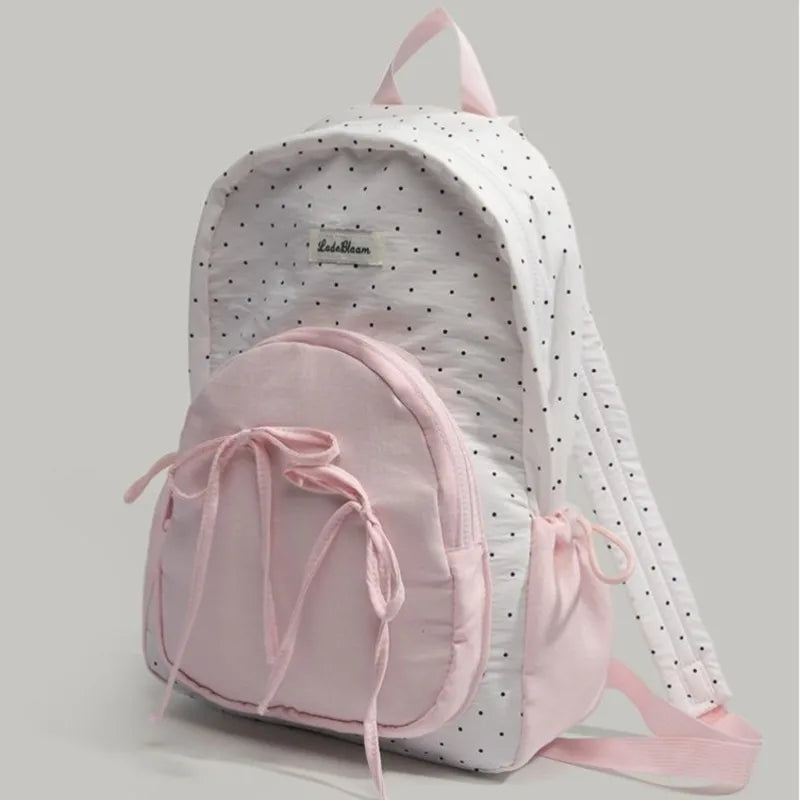 Patchwork Contrast Color Dot Bow Backpack Woman Kawaii Cute Y2K Aesthetic Sweet Schoolbag Ladies High Capacity Chic Mochila 2025