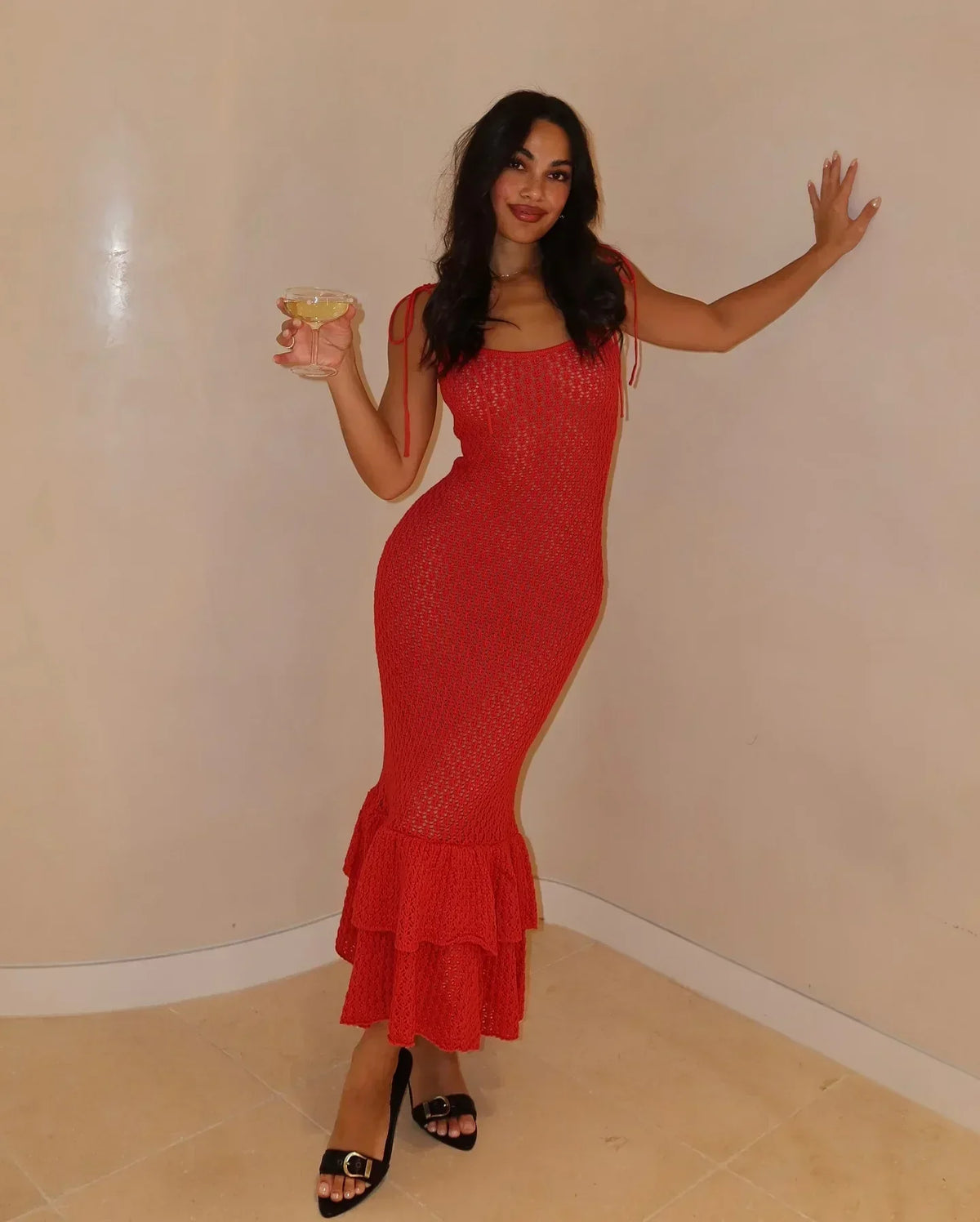 Open-Knit Halter Spaghetti Strap Tiered Ruffle Hem Midi Dress