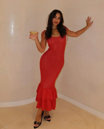 Open-Knit Halter Spaghetti Strap Tiered Ruffle Hem Midi Dress