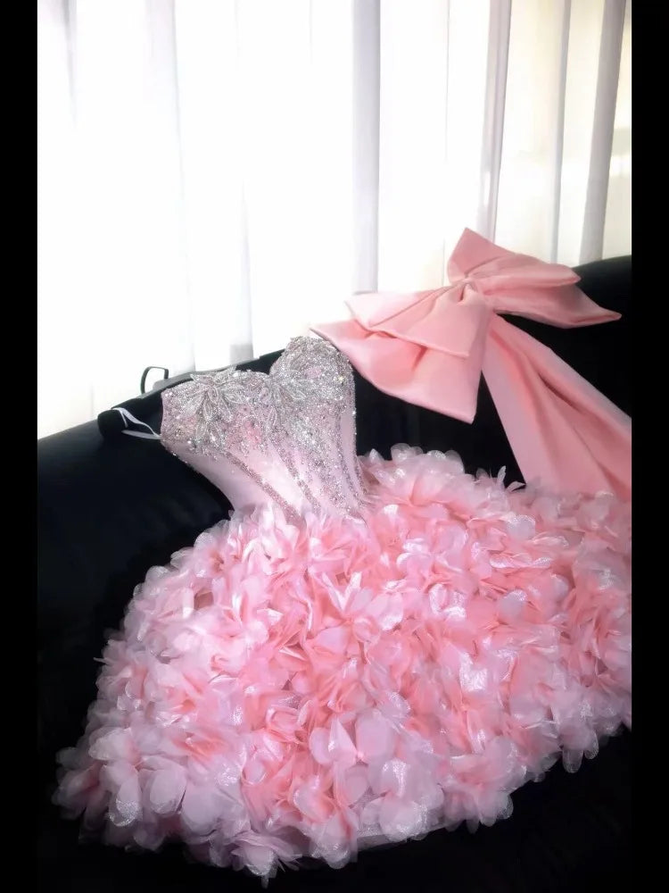 Pink Off-Shoulder Big Bow Short Ball Gown for Women Girl Elegant 3D Flowers Prom Evening Dress Sexy Mini Party Birthday Dresses