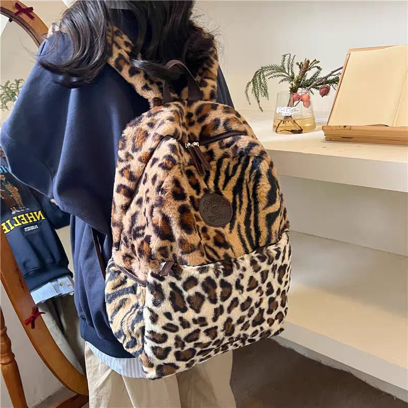 Women Faux Fur Leopard Fluffy Fashion Backpacks Large Capacity Students School Bag Vintage Commuter Backpack