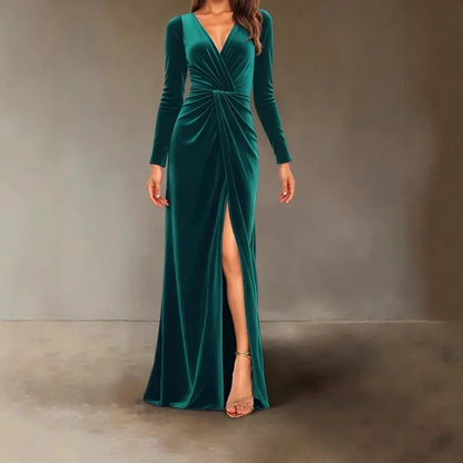 Velvet Dress for Women Autumn Winter New V-neck Slim Twist High Waist Evening Dress Sexy Solid Color Pleated A-line Dresses