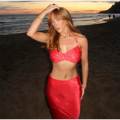 Sexy Sequined Bikini Top Skirt Sets Women Halter Lace Up Backless Crop Top Hip Package Long Skirts 2025 Summer Lady Beach Suits