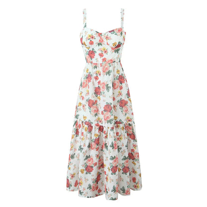 Sweetheart Neck Floral Print Bustier Tiered Ruffle Midi Dress