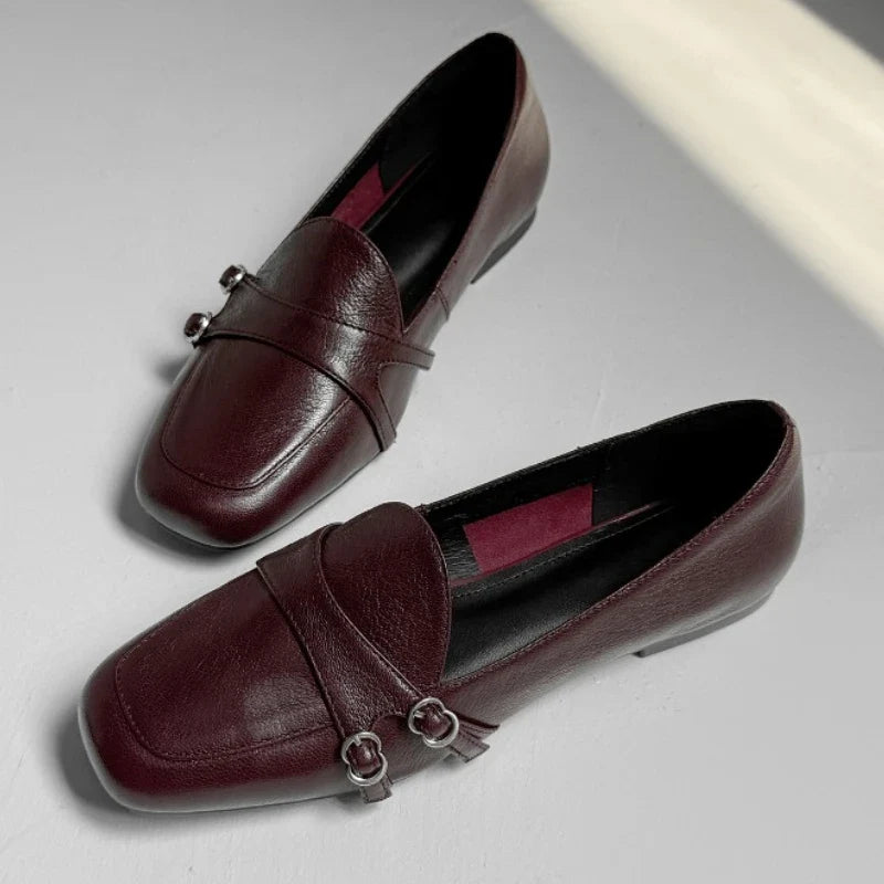 Elegant Burgundy Square Toe Loafers Women Fashion Metal Buckle Stitching Designer Shoes Comfortable Commuting Flat Office Shoes