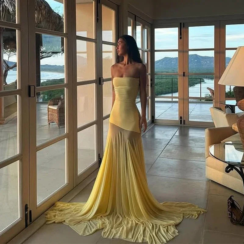 Sexy Strapless Spliced Long Fishtail Dress Women Sleeveless Backless See Through Party Dresses 2025 Summer Lady Elegant Robes