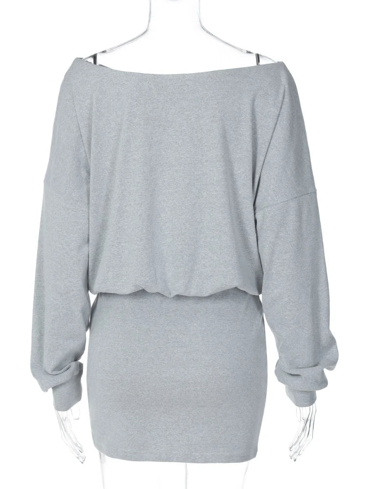 Women's Off-Shoulder Dress Solid Color Long Sleeve Elastic Waist Slim Fit Hip Wrap Mini Dress Fall Fashion Streetwear