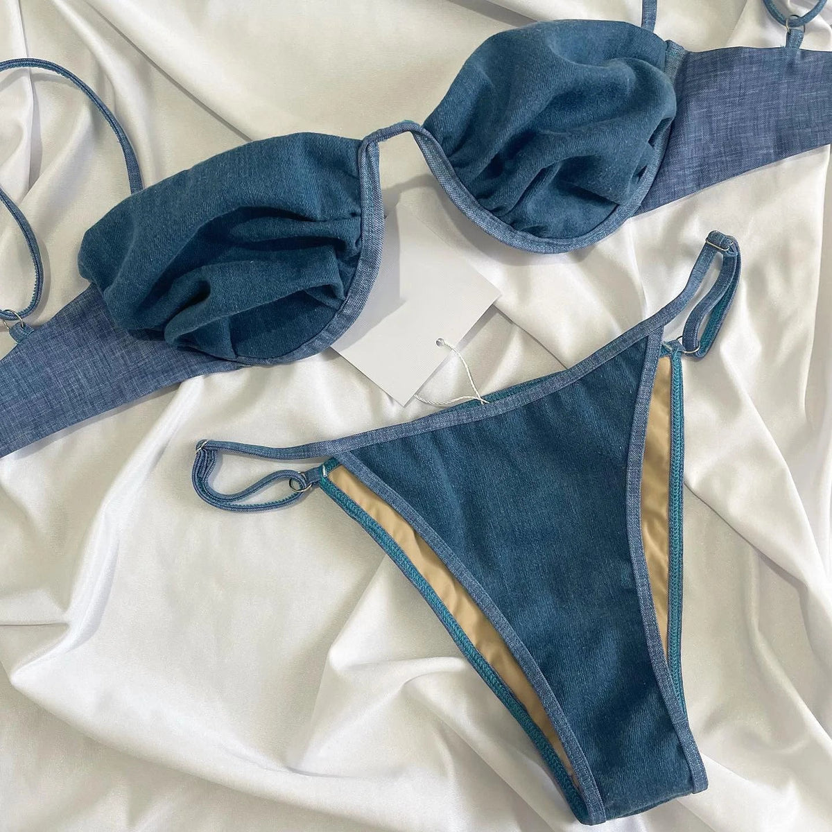 Sexy Denim Look Bikini Swimsuit Women Shirring Swimwear High Leg Two Piece Bathing Suit Beachwear Biquini
